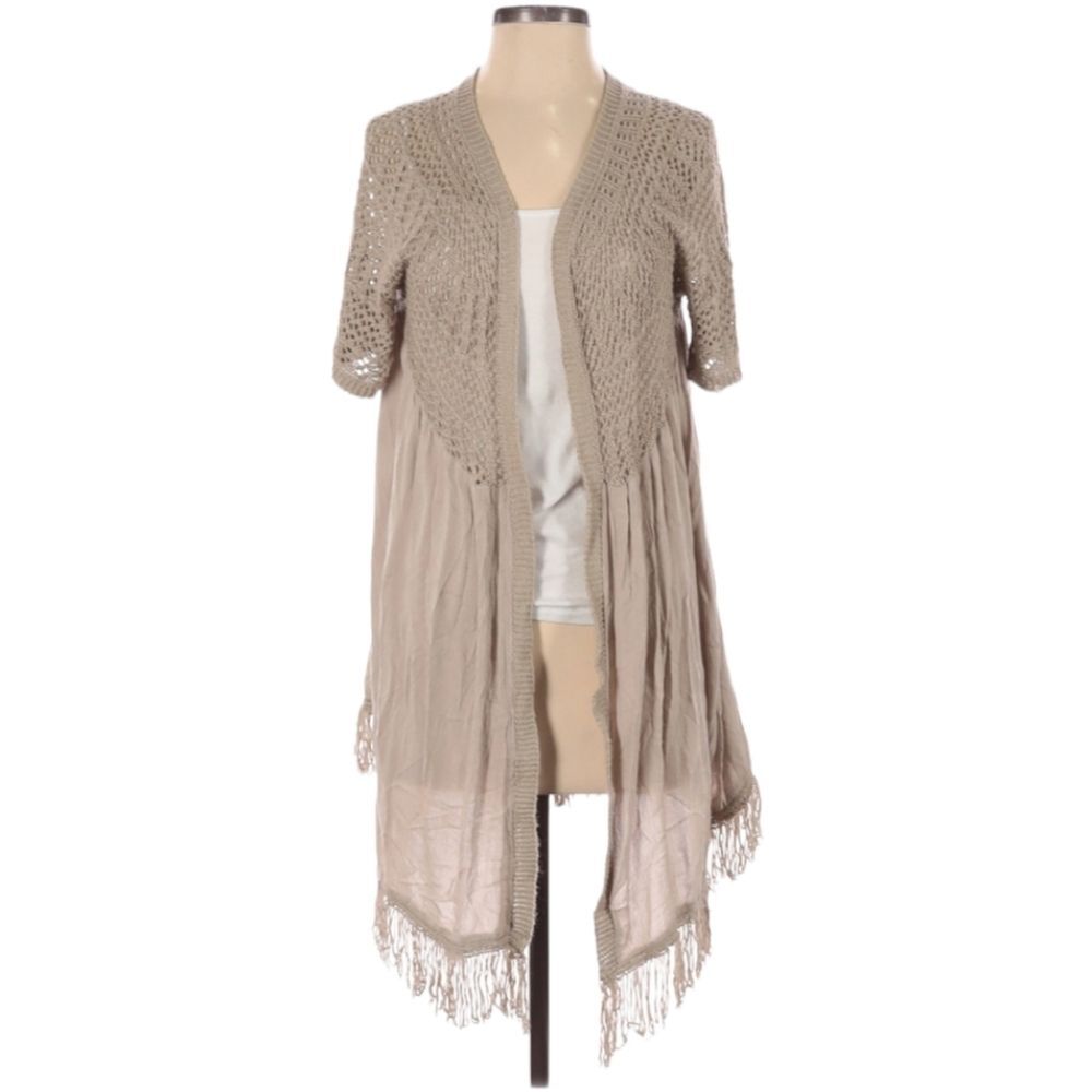 Anthro Magnolia South Cardigan Top Size S/M Tan Longโ Crochet Fringe Boho Hippie
